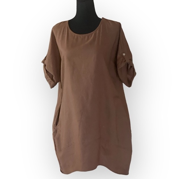 Casual Cotton Flax Loose Fit Dress, Swim Coverup, with Pockets Brown Size Medium - Picture 10 of 11